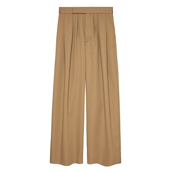 ZARA WOOL PLEATED HIGH RISE WIDE LEG PANTS CLASSIC BOHO CHIC NEUTRAL Camel Tan M